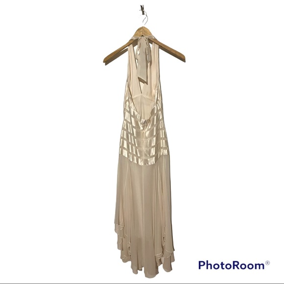 BCBG Maxazria Ivory Chiffon Halter Dress with Handkerchief Hem - Picture 4 of 5